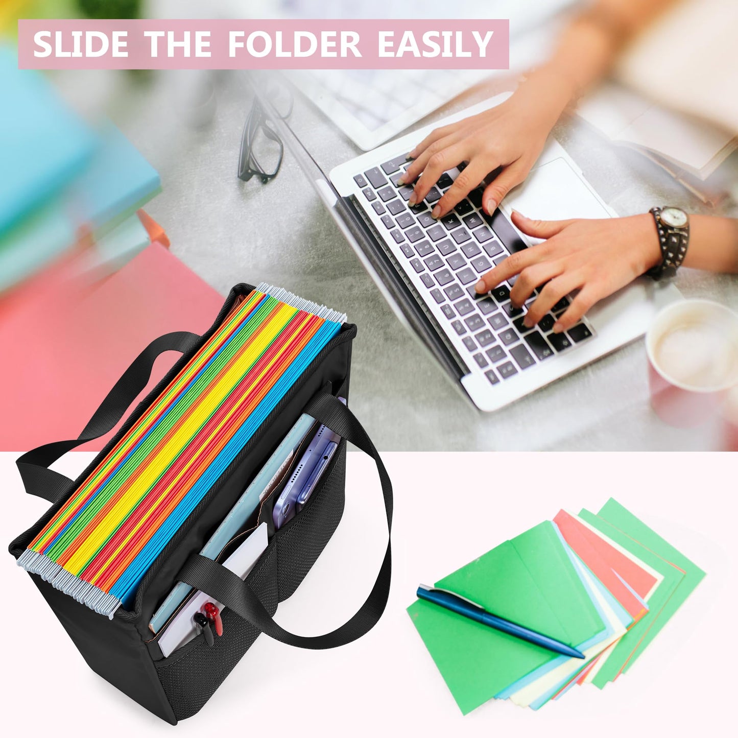 Prokva File Folder Tote Bag with Handle, Portable Document Organizer Box for Letter Size File Folder, Folding File Case for Home Office, Travel, Black, Empty Bag, Patent Design
