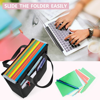 Prokva File Folder Tote Bag with Handle, Portable Document Organizer Box for Letter Size File Folder, Folding File Case for Home Office, Travel, Black, Empty Bag, Patent Design