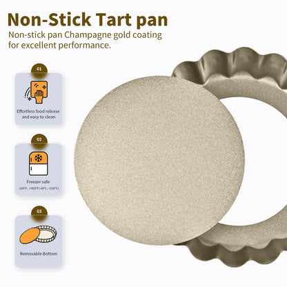 12 Pieces Mini Tart Pan, 4 Inch Egg Tart Pan Removable Bottom Non-Stick Tin, Suitable for Ovens and Air Fryers. Champagne Gold Quiche Pan. Suitable for Family Use