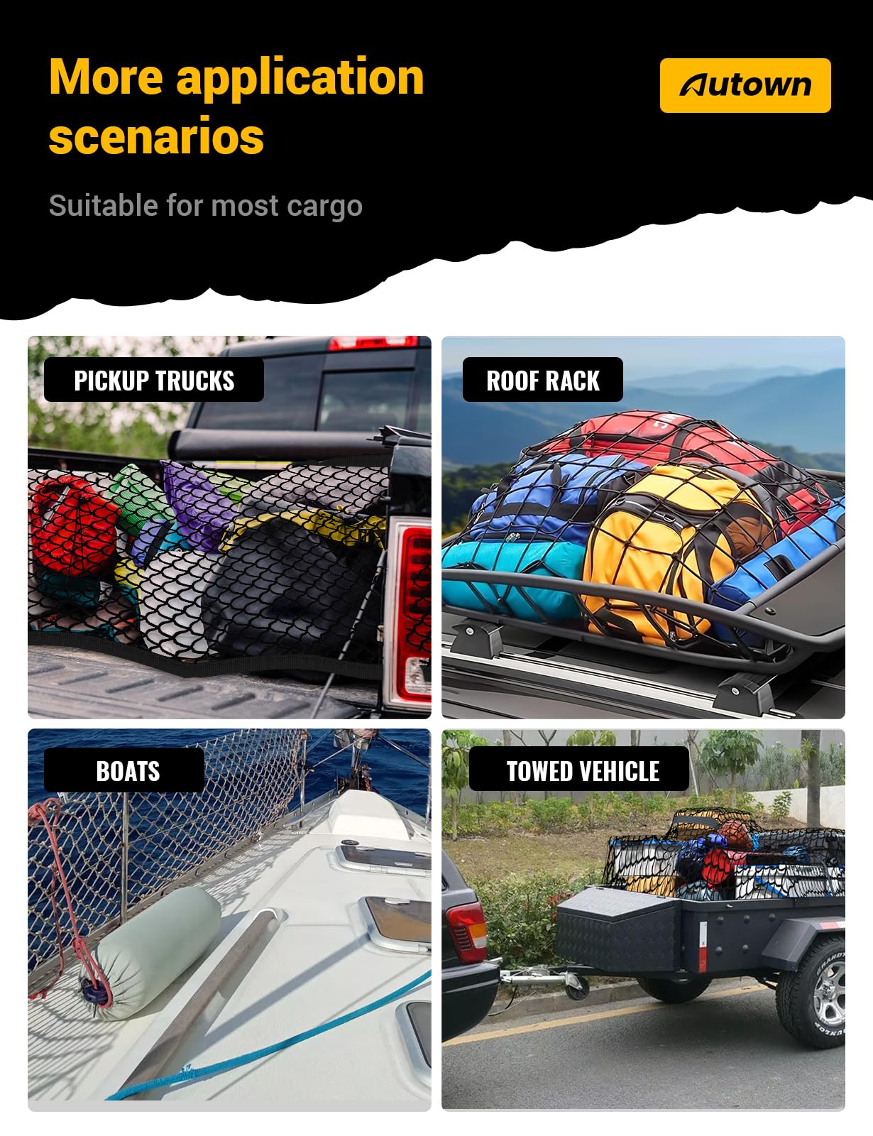 AUTOWN Cargo Net for Pickup Truck Bed - Stretchable 4'x4' to 7'x7', High Elastic Fine Mesh 1''x1'' with 8 Metal Carabiners - Ideal for ATV, SUV, UTV, Truck and Boat Use
