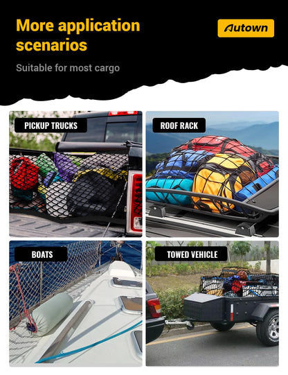 AUTOWN Cargo Net for Pickup Truck Bed - Stretchable 4'x4' to 7'x7', High Elastic Fine Mesh 1''x1'' with 8 Metal Carabiners - Ideal for ATV, SUV, UTV, Truck and Boat Use