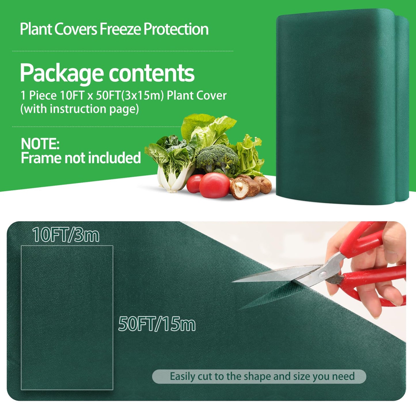 Plant Covers Freeze Protection, 10x50ft Green Frost Blanket for Winter, 1.23 oz/yd² Fabric, Premium Frost Protection Cover, Breathable Garden Row Covers for Outdoor Plants