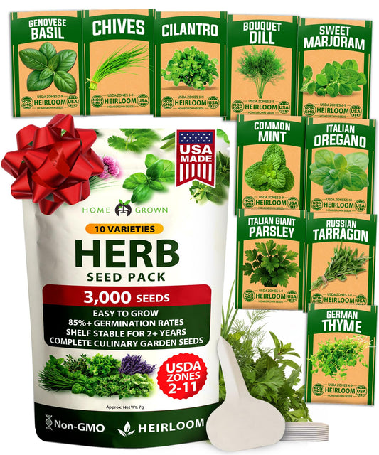 10 Culinary Herb Seed Vault - Heirloom and Non GMO - 3000+ Seeds for Planting for Outdoor or Indoor Herb Garden, Basil, Cilantro, Parsley, Chives, Thyme, Oregano, Dill, Marjoram, Mint, Tarragon
