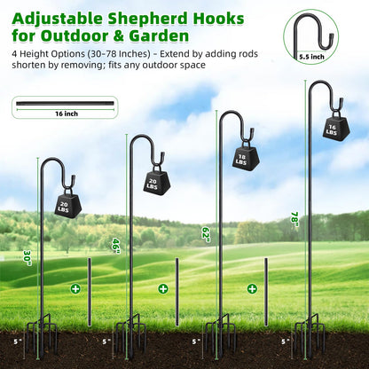 Shepherds Hook for Bird Feeders for Outdoor, 78 Inch Adjustable Shepherds Hook with 5 Prong Base, 5/8 Inch Metal Garden Hanger Stand for Hummingbird Feeder, Wind Chime, Lantern