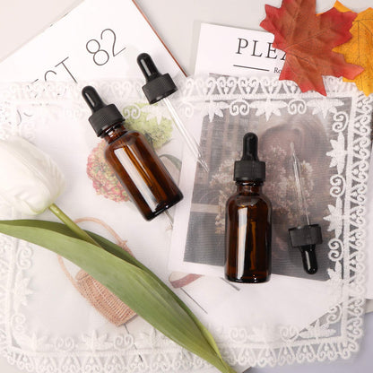 Comrzor 24 Pack 1oz Amber Glass Bottles with Glass Eye Droppers for Essential Oils, Perfumes (Brush, Funnels, 2 Extra Droppers, 36 Pieces Labels & 30ml Measuring Cup Included)