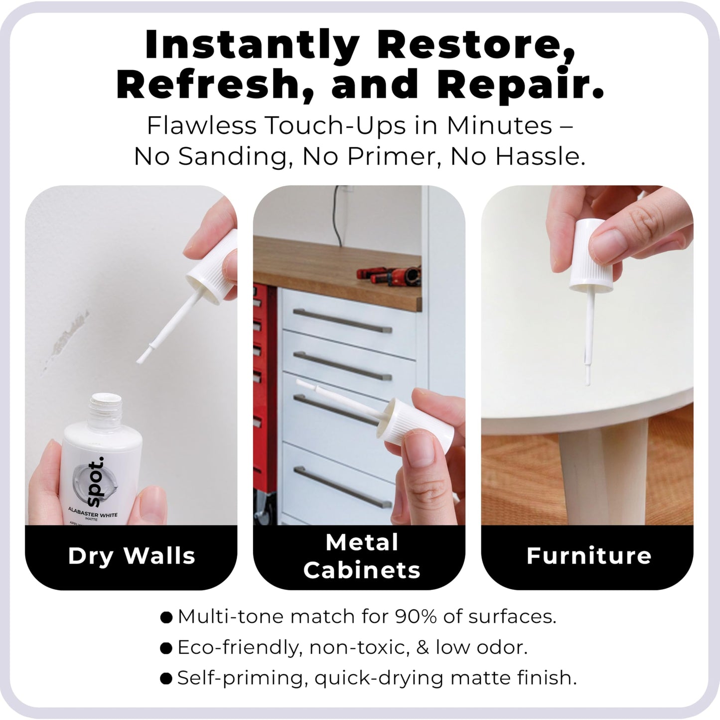 Touch-Up Paint | Matte Finish for Cabinets, Walls, Doors & Furniture | Multi-Tone White Repair Kit | Quick-Dry, Self-Priming, Low-Odor, Eco-Friendly | No-Sanding or Primer Needed | 3 Pack by spot.