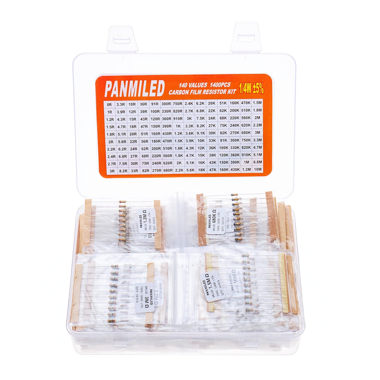 PANMILED 140 Values 1400 Pieces Resistors Assortment Kit 0 ohm-10M ohm, 1/4 watt 5% Carbon Film Resistor Combination Kit, Plug-in Resistor Element Packaging