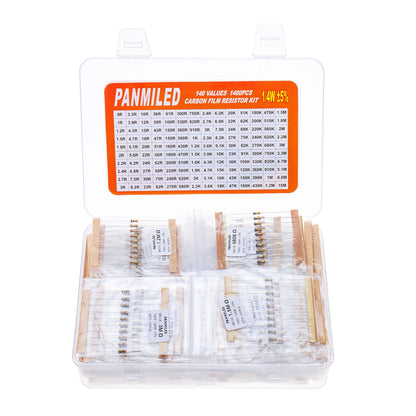 PANMILED 140 Values 1400 Pieces Resistors Assortment Kit 0 ohm-10M ohm, 1/4 watt 5% Carbon Film Resistor Combination Kit, Plug-in Resistor Element Packaging