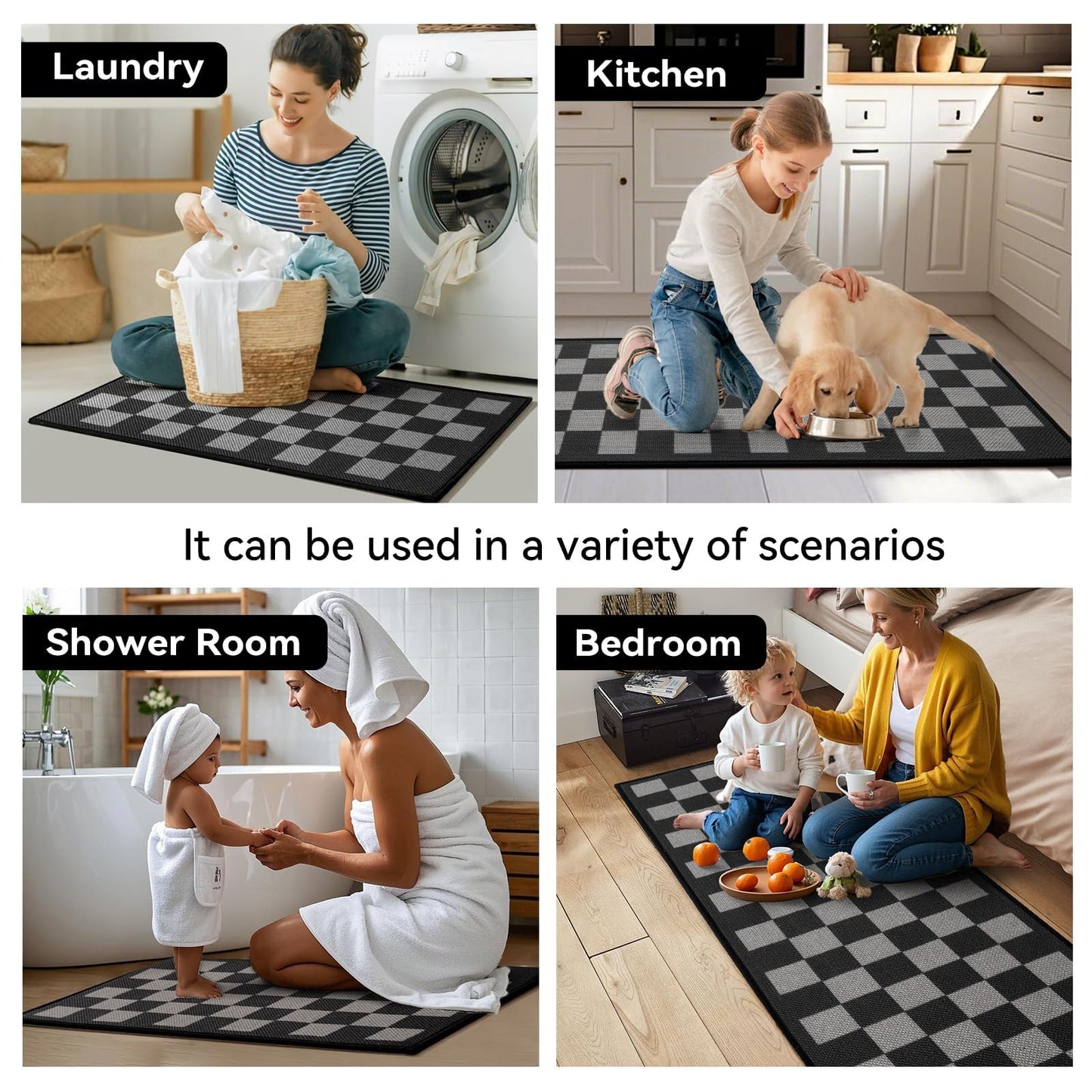 YDKGL Kitchen Mats For Floor, Soft Anti Fatigue Super Absorbent Kitchen Rugs Non Slip Washable, Linen-Look Woven Cushion Kitchen Runner Rug, Kitchen Sink Mat Standing Mat, Black Gray Checkered 17"x30"