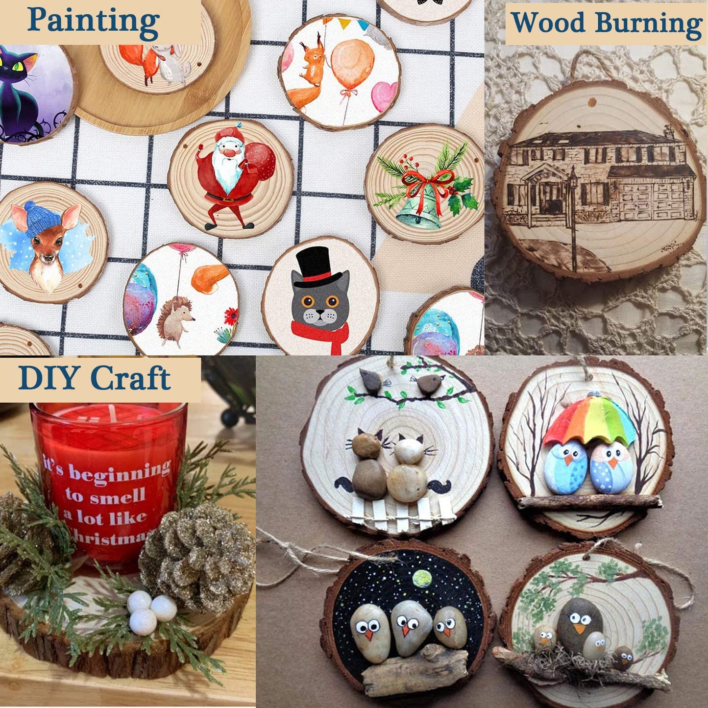 Unfinished Natural Wood Slices, 30Pcs 3.1-3.9 inch Wooden Circles Predrilled with Hole, Round Wood Discs with Twine, Craft Wood Kit DIY Craft for Rustic Wedding Decoration Christmas Ornaments