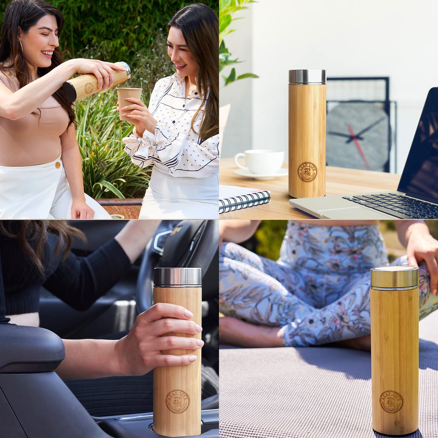 Leaflife Sustainable Bamboo Loose Leaf Tea Tumbler - 17oz Tea Bottle with Infuser - 12 Hrs Hot & Cold-Vacuum Insulated Stainless Steel Tea Gift for Women, Men - Tea Infuser Travel Mug with Lid