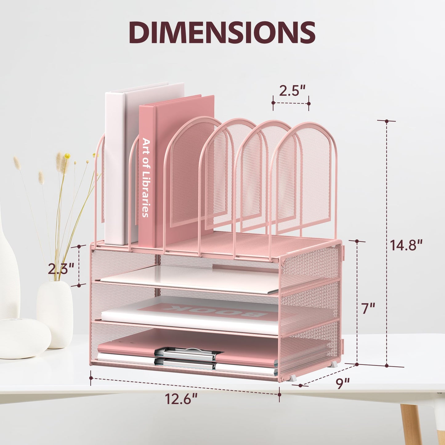 DALTACK Paper Desk Organizer, 3-Tier Letter Tray with 5 Vertical File Holders, Multifunction Desk Organizer, Desktop File Folder Organizer, Desk Organizers and Accessories for Home Office, Pink