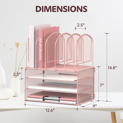 DALTACK Paper Desk Organizer, 3-Tier Letter Tray with 5 Vertical File Holders, Multifunction Desk Organizer, Desktop File Folder Organizer, Desk Organizers and Accessories for Home Office, Pink