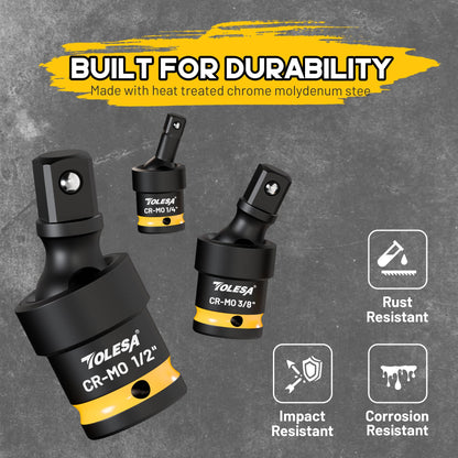 TOLESA Swivel Socket Set, Impact Universal Joint-Socket Swivel Set, 1/2", 3/8", 1/4" Flexible Socket Swivel Set Premium CR-MO Steel U Joint Adapter Wobble