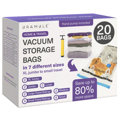 BRAMBLE 20 Pack Vacuum Storage Bags (2 XL Jumbo, 2 Jumbo, 2 Large, 2 Medium, 6 Small, 6 Roll Up) Space Saver Sealer Compression Bags for Clothes, Pillows, Comforters, Blankets, Hand Pump Included
