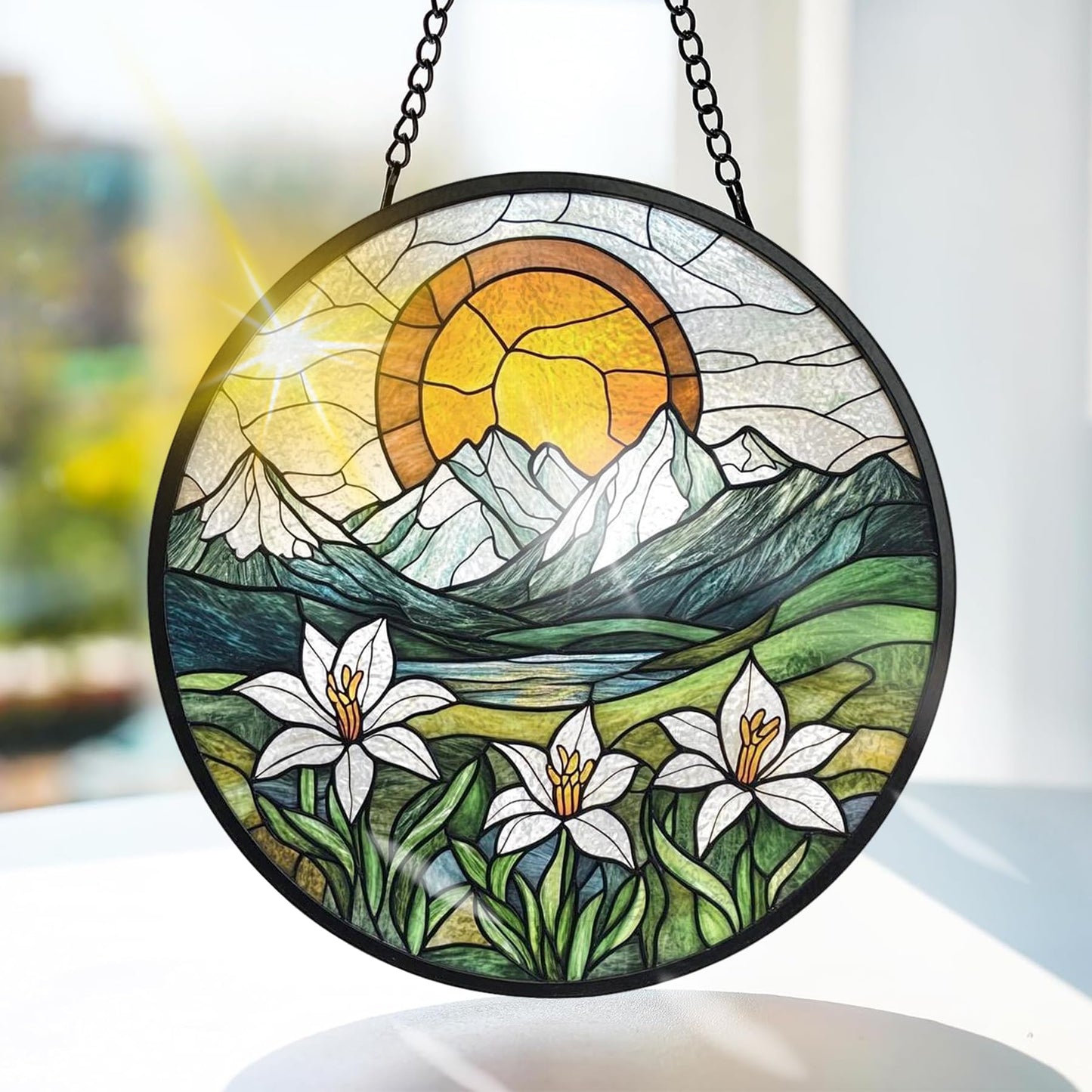 Bimkole Sun Mountain Stained Glass Suncatcher Window Hanging - Flowers Indoor Window or Doorway Decoration - Handmade Sun Catcher Decor for Garden Home Christmas & Birthday Gifts 7.87x7.87 Inch