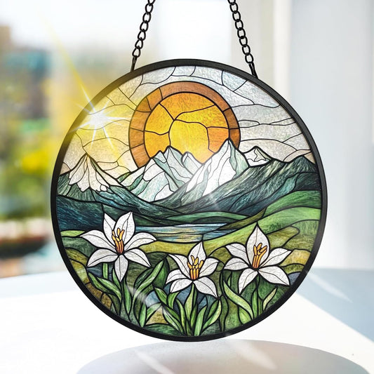 Bimkole Sun Mountain Stained Glass Suncatcher Window Hanging - Flowers Indoor Window or Doorway Decoration - Handmade Sun Catcher Decor for Garden Home Christmas & Birthday Gifts 7.87x7.87 Inch