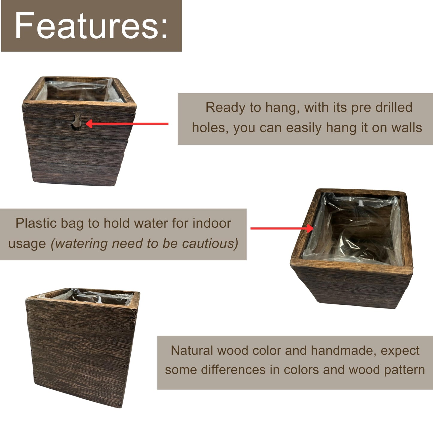 LaLaGreen Wood Planter Box for Plants (4x4 Inch, 6 Pack) Small Square Wooden Wall Planters for Indoor Plant, Hanging Window Flower Boxes Herb Planter Table Centerpiece Modern Home Garden Office Decor