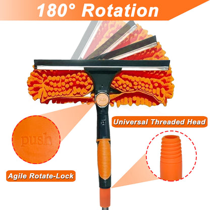 Window Cleaning Tools Window Squeegee Extendable Cleaner 2 in 1 Rotatable Double-Sided High Windows Washing Squeegee Duster with 3-14Ft Extension Poles Outdoor