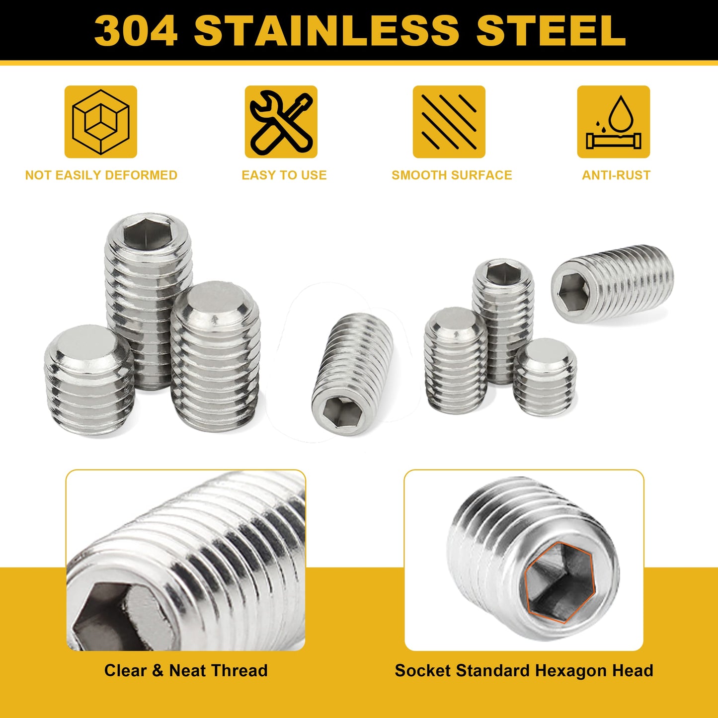 Siptenk Set Screws Assortment Kit Metric & SAE 901PCS, 304 Stainless Steel Threaded Inserts Hex Allen Head Socket Set Screw for Bathroom Fixtures Door Handles M3-M8 1/8-40 to 5/16-18