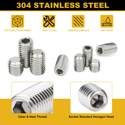 Siptenk Set Screws Assortment Kit Metric & SAE 901PCS, 304 Stainless Steel Threaded Inserts Hex Allen Head Socket Set Screw for Bathroom Fixtures Door Handles M3-M8 1/8-40 to 5/16-18