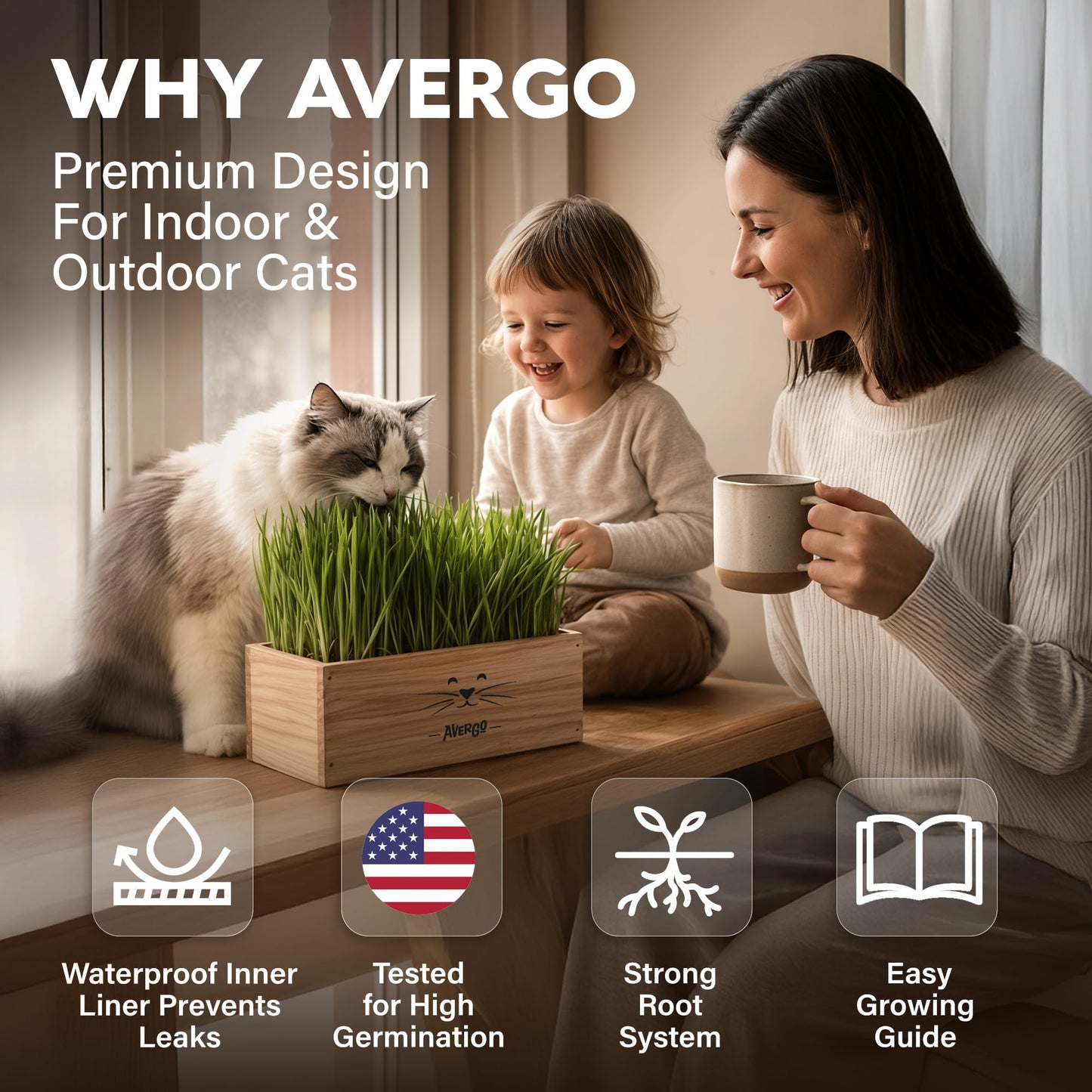 Cat Grass Kit for Indoor Cats – x4 Seed Packets | Cat Grass Seeds with Wooden Planter, Soil & Mini Gardening Tools for Nipping – Pet Wheatgrass Grass