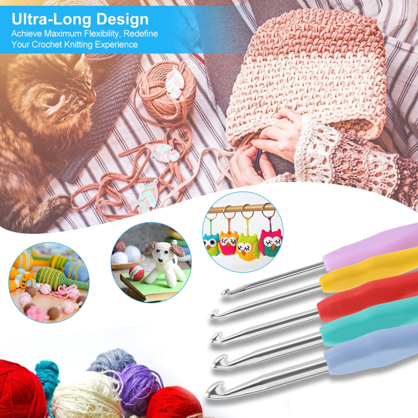 Vodiye 21 Sizes Ergonomic Crochet Hooks Set 0.5–10.0mm with Case, Soft Grip Crochet Needles for Crocheting Comfort