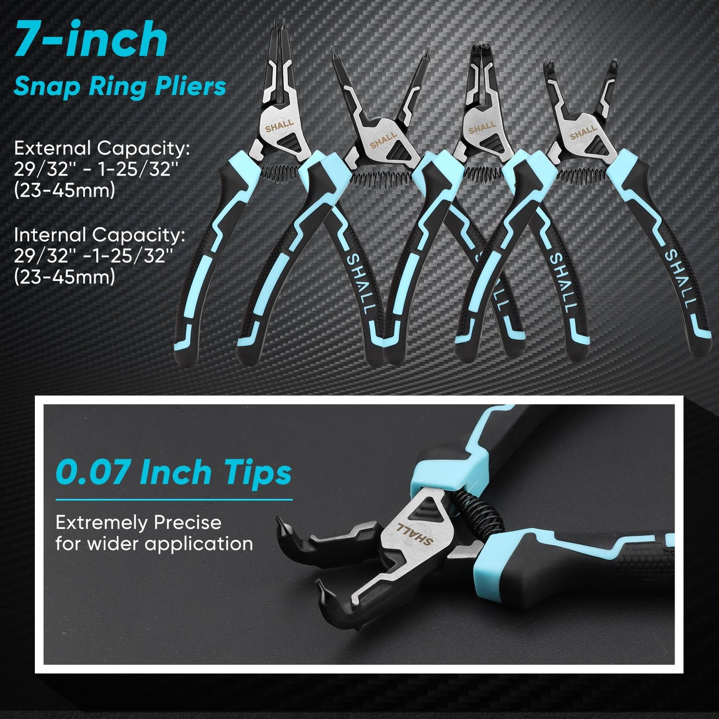 SHALL Snap Ring Pliers Set, 4-Piece Heavy Duty 7" Snap Ring Pliers, Snap Ring Pliers with 5/64" Tip, Inverted Ring Remover Bracket Pliers with Portable Case