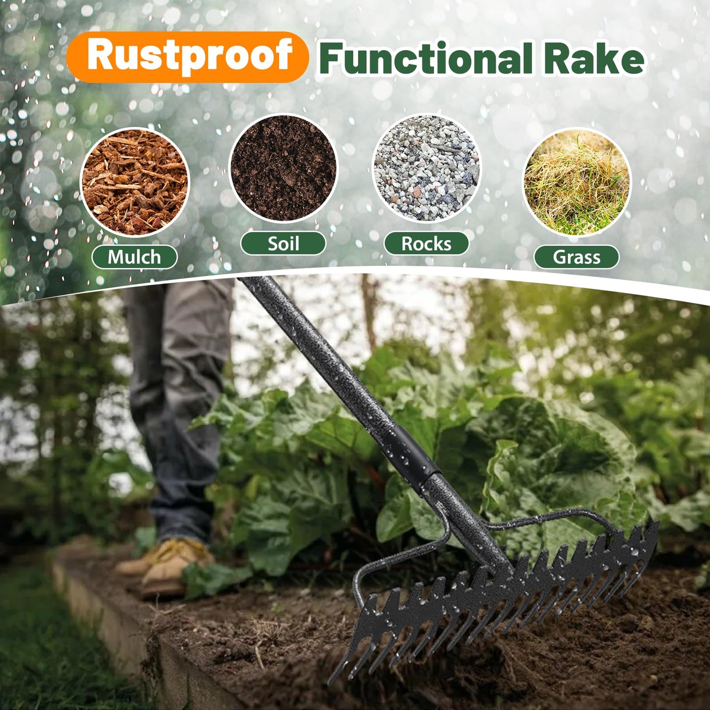 Rake for Lawn, 63" Long Handle, 17 Inch Wide Heavy Duty Garden Rake Thatch Leaf Rakes for Raking Leaf Loosening Soil Gathering Mulch Leveling Rocks, Rustproof Metal Bow Rakes for Leaves Grass
