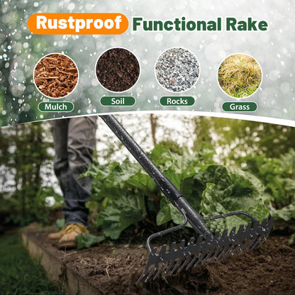 Rake for Lawn, 63" Long Handle, 17 Inch Wide Heavy Duty Garden Rake Thatch Leaf Rakes for Raking Leaf Loosening Soil Gathering Mulch Leveling Rocks, Rustproof Metal Bow Rakes for Leaves Grass