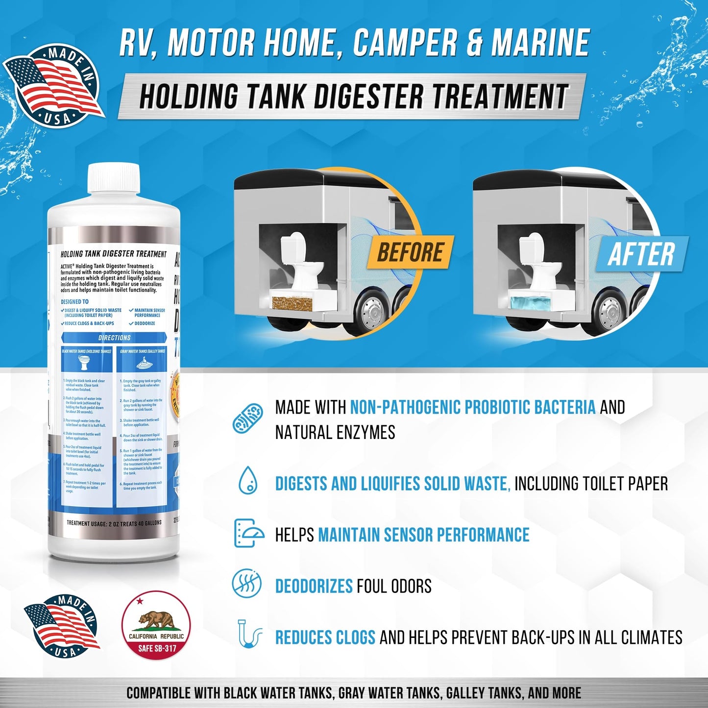 RV Black Tank Treatment Toilet Chemicals - 16 Treatments Waste Digester for Holding Tank, Gray Water Tank in RVs, Campers & Boat - Camper Toilet Sensor Cleaner, Sewer Deodorizer, 32oz - Made in USA