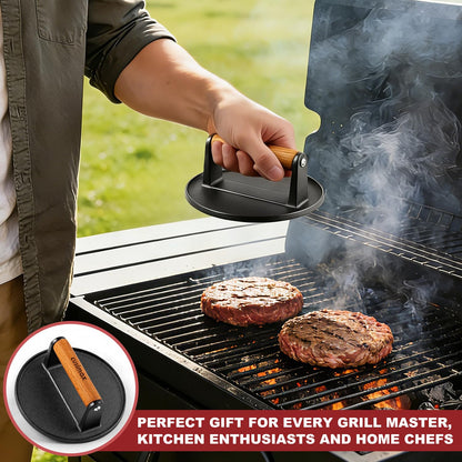 CUSIMAX Smashed Burger Press Cast Iron, 6.3" Heavy-Duty Burger Smasher with Wood Grip, Round Flat Grill Press for Smash Burgers, Meats, Bacon, Burger Smasher Tool for Grill&Griddle Accessories
