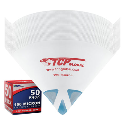 TCP Global 50 Pack of Paint Strainers with Fine 190 Micron Filter Tips - Premium "PURE BLUE" Ultra-Flow Blue Nylon Mesh