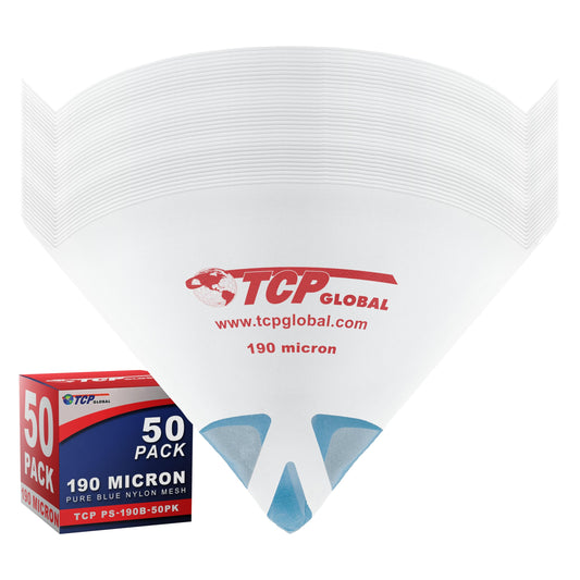 TCP Global 50 Pack of Paint Strainers with Fine 190 Micron Filter Tips - Premium "PURE BLUE" Ultra-Flow Blue Nylon Mesh
