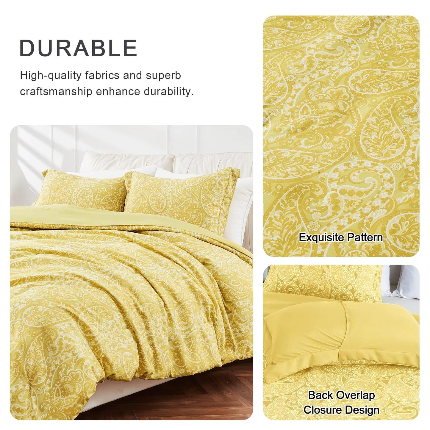 UDEAL Queen Comforter Set 3 Pieces，Yellow Paisley Soft Fluffy Comforter for Queen Size Bed，All Season Warm Bedding Set with Comforter