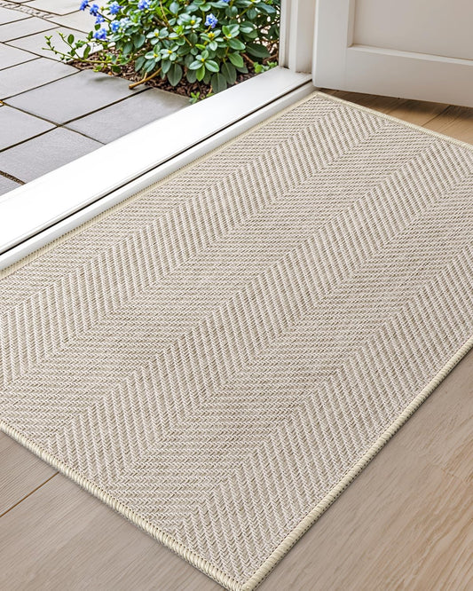 Color&Geometry Indoor Door Mat 24" x 36", Non Slip Low Profile Floor Mat, Ultra Thin Washable Entrance Mat Indoor, Unique Herringbone Design Carpet for Inside, Patio, Porch, Beige(FOLD)
