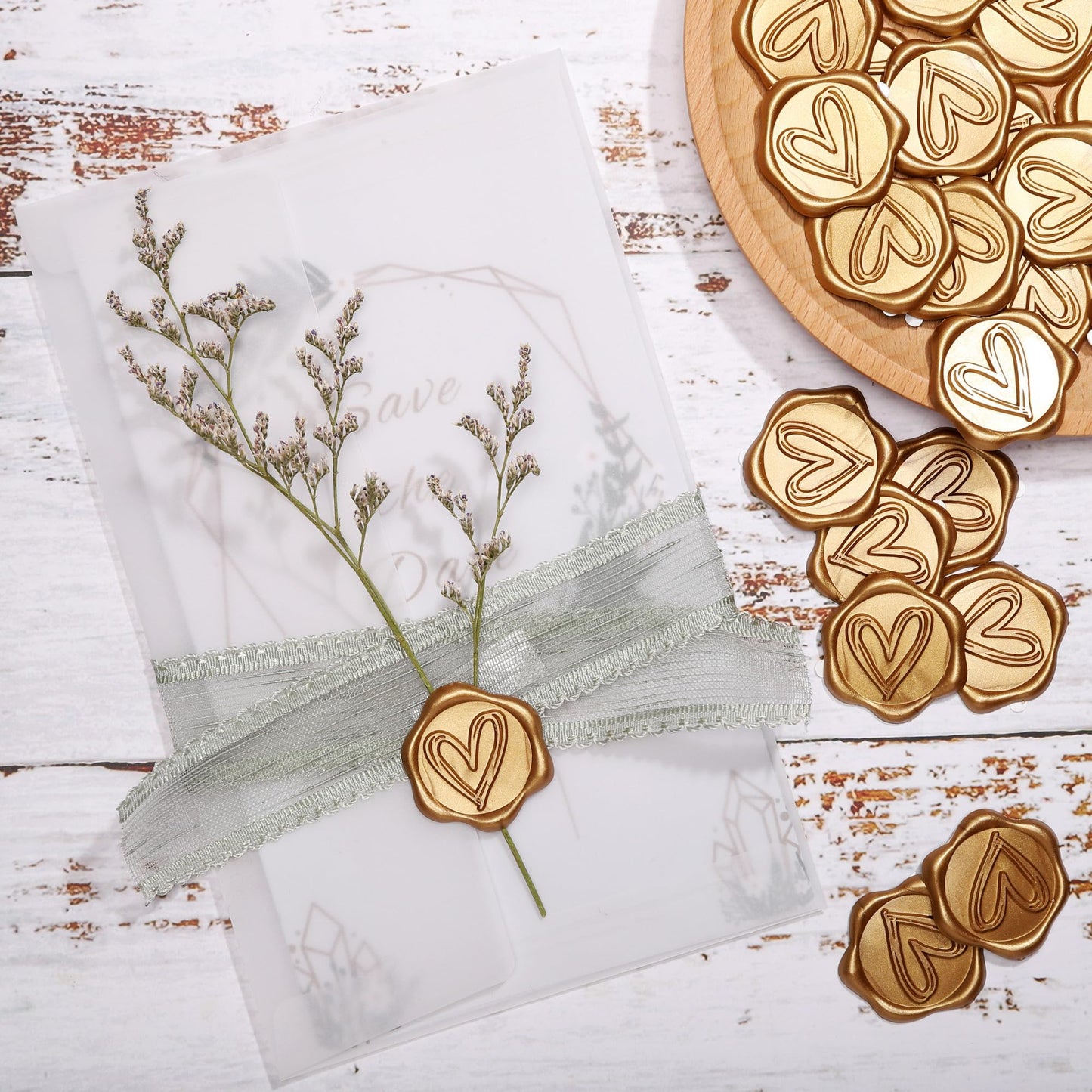 Yoption Bronze Gold Heart Wax Seal Stickers, 50 Pack, Waterproof, Retro, Heart Stickers for Wedding Invitations, Party Invitations, Cards, Gift Wrapping, Envelopes