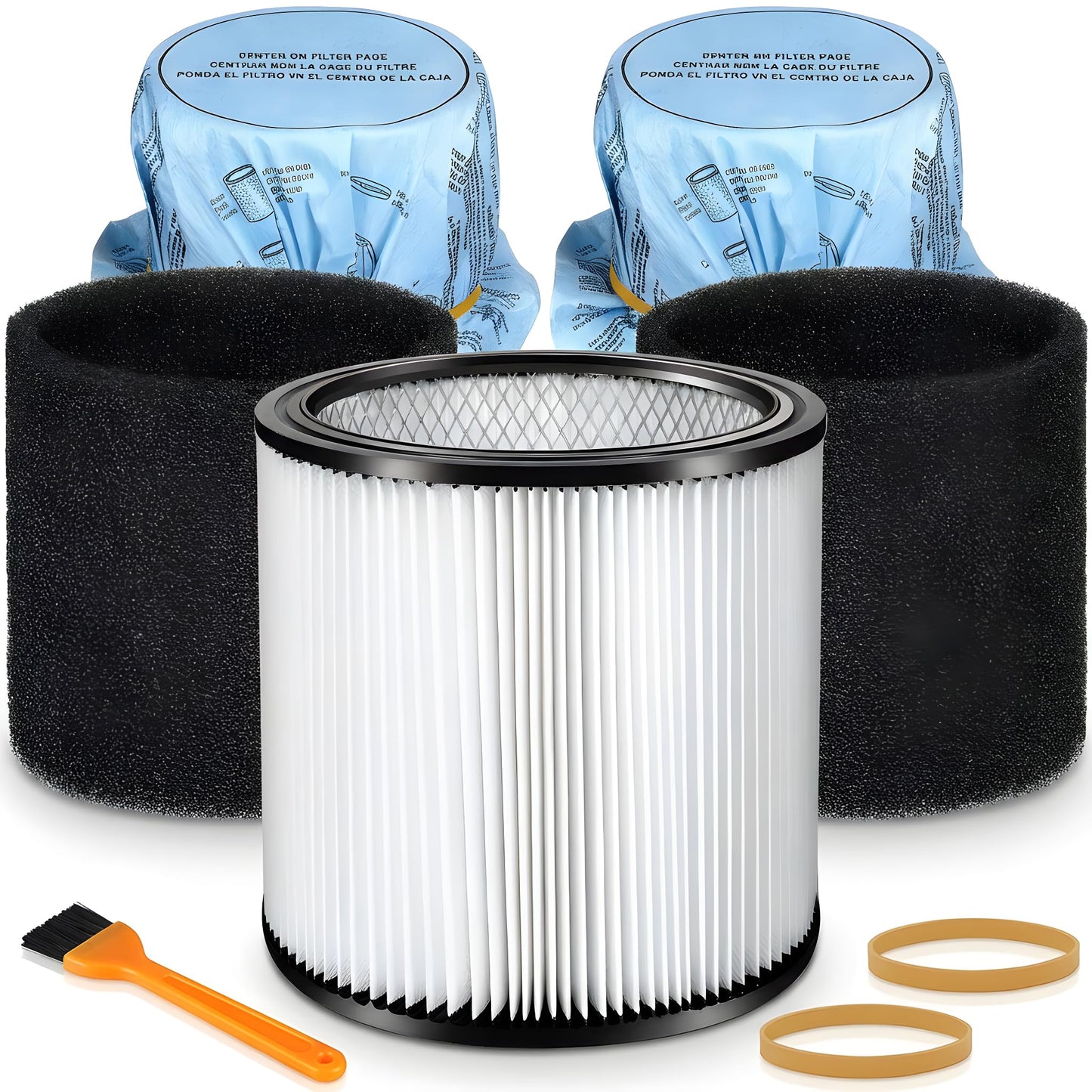 Shop Vac Filter 90304, 90585 Foam Sleeve Filter & 90107 Dry Vac Filter Set, Compatible with Most 5-Gallon and Larger Wet/Dry Vacuum Cleaners, Includes Retaining Straps and Cleaning Brush