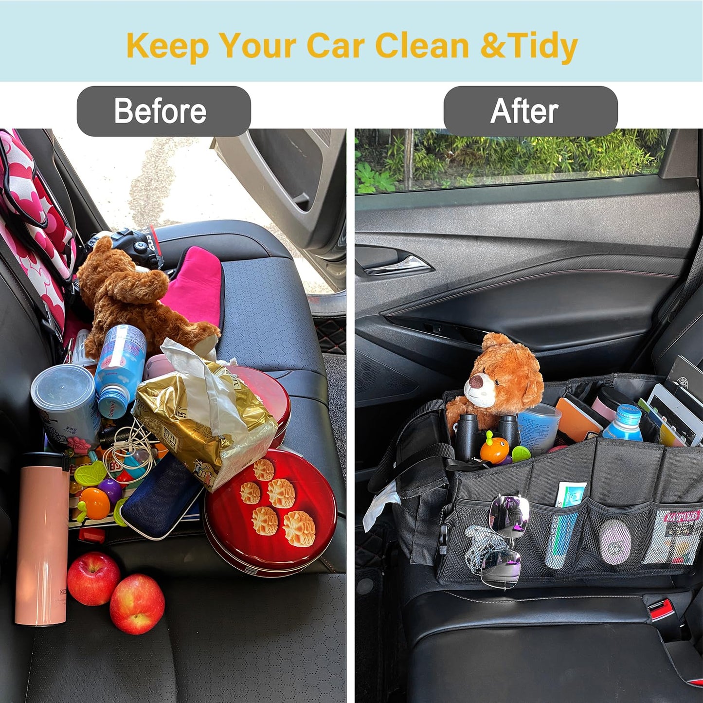 VOPQL Car Seat Organizer – Front & Backseat Tidy Organizer for Adults & Kids, Storage Bag Between Seats for Tissues, Maps, Books, Files, & Games – Fits All Trucks and Vehicles