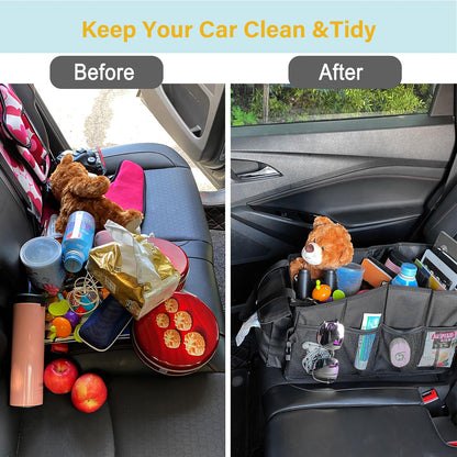 VOPQL Car Seat Organizer – Front & Backseat Tidy Organizer for Adults & Kids, Storage Bag Between Seats for Tissues, Maps, Books, Files, & Games – Fits All Trucks and Vehicles