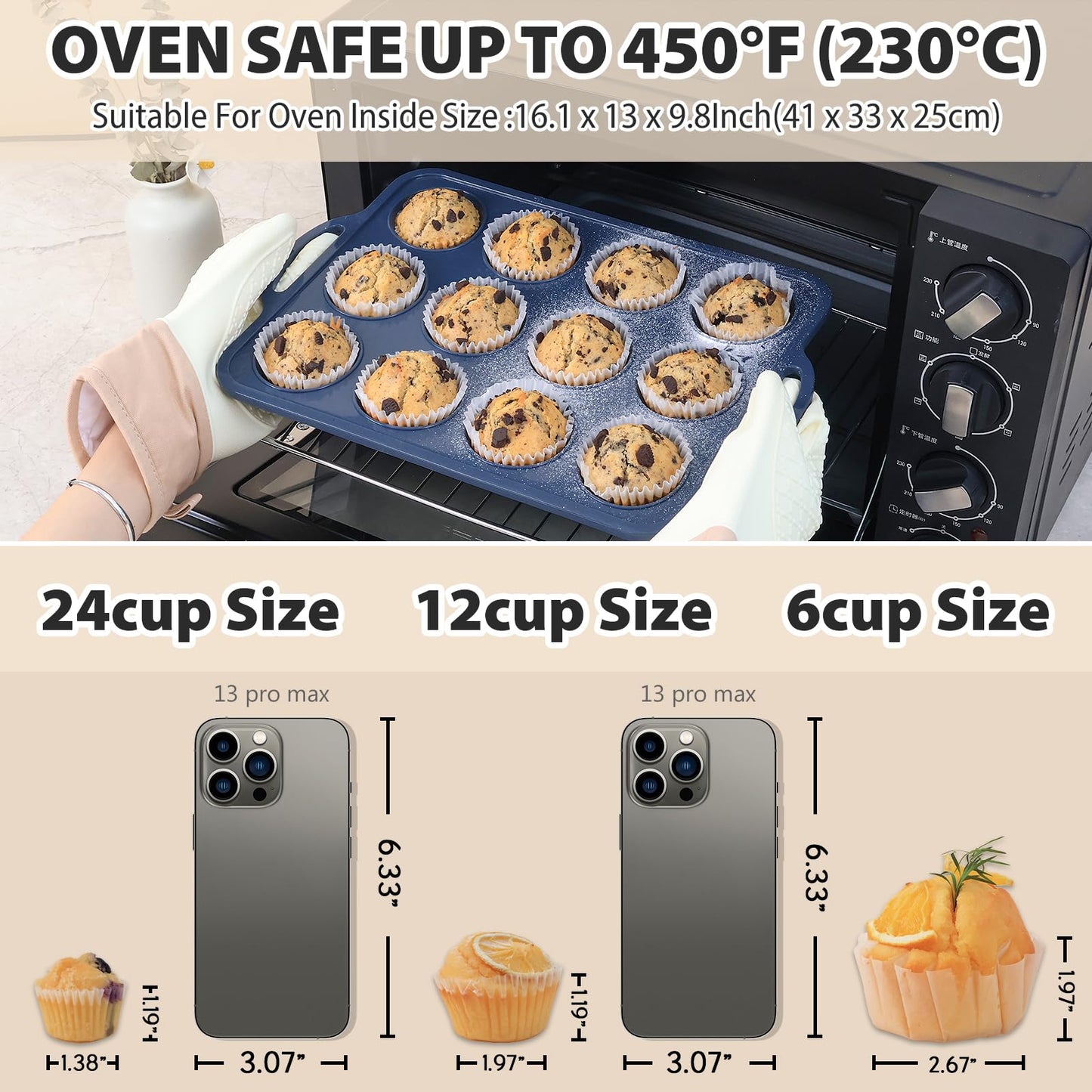 Vnray 2 Pack Silicone Muffin Pan with Metal Frame, Non Stick Silicone Cupcake Pan with Handles Regular 12 Cup, BPA Free Silicon Muffin Tin Tray for Baking, Egg Bites, Cupcake Mold Grey