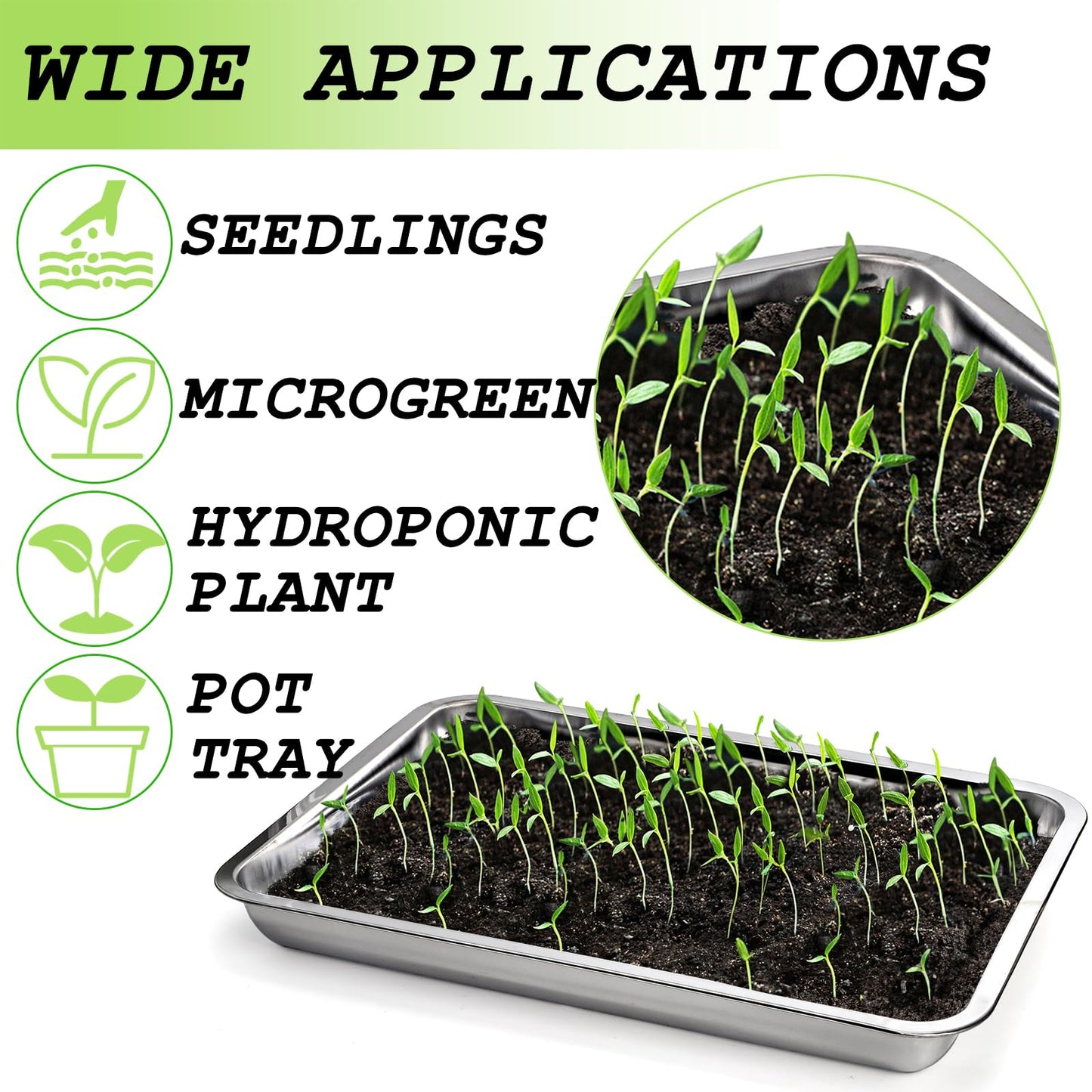 Youeon 10 Pack Seed Starter Tray 15.3x11.4x1.3 Inch, Stainless Steel Seed Sprouting Trays Germination Trays for Beans, Wheat Grass, Herbs, Broccoli & More, Plant Trays for Indoor Outdoor