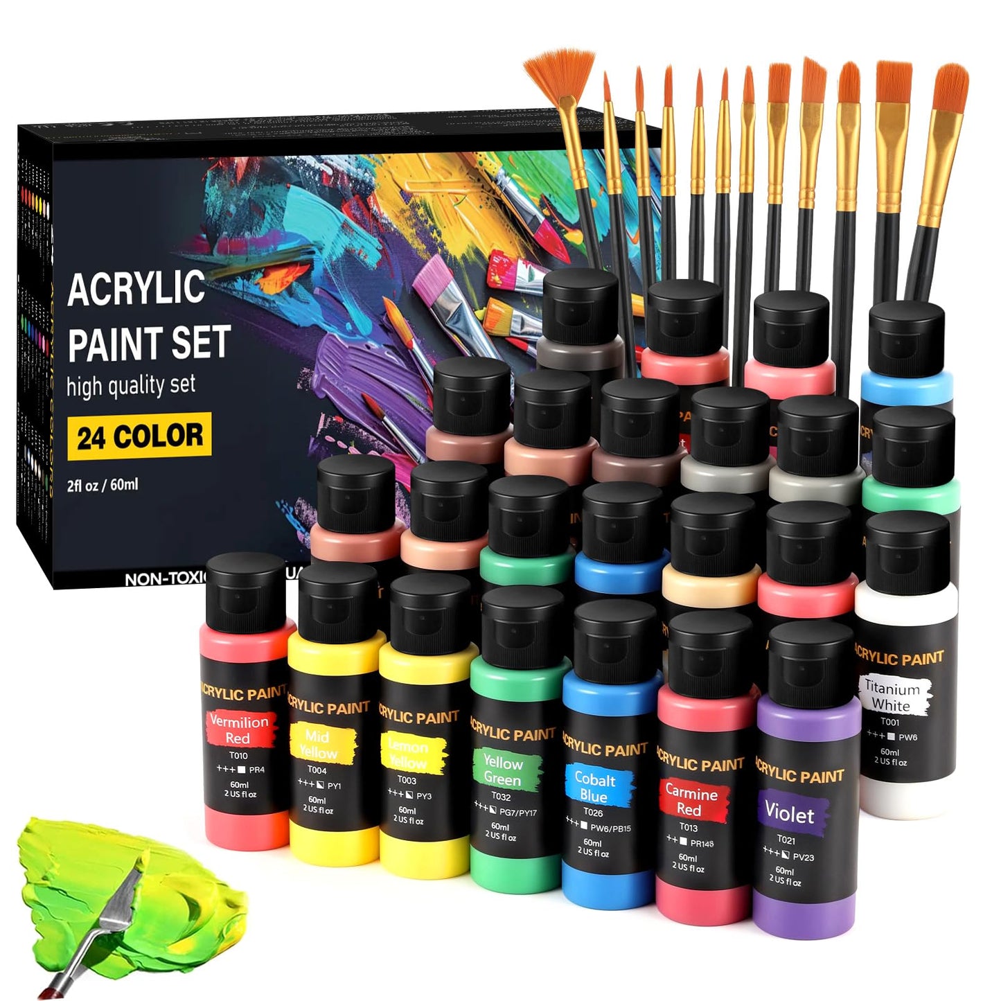 Acrylic Paint Set with 12 Art Brushes, 24 Colors (2 oz/Bottle) Acrylic Paint for Painting Canvas, Wood, Ceramic and Fabric, Paint Set for Beginners, Students and Professional Artist, Rich Pigments