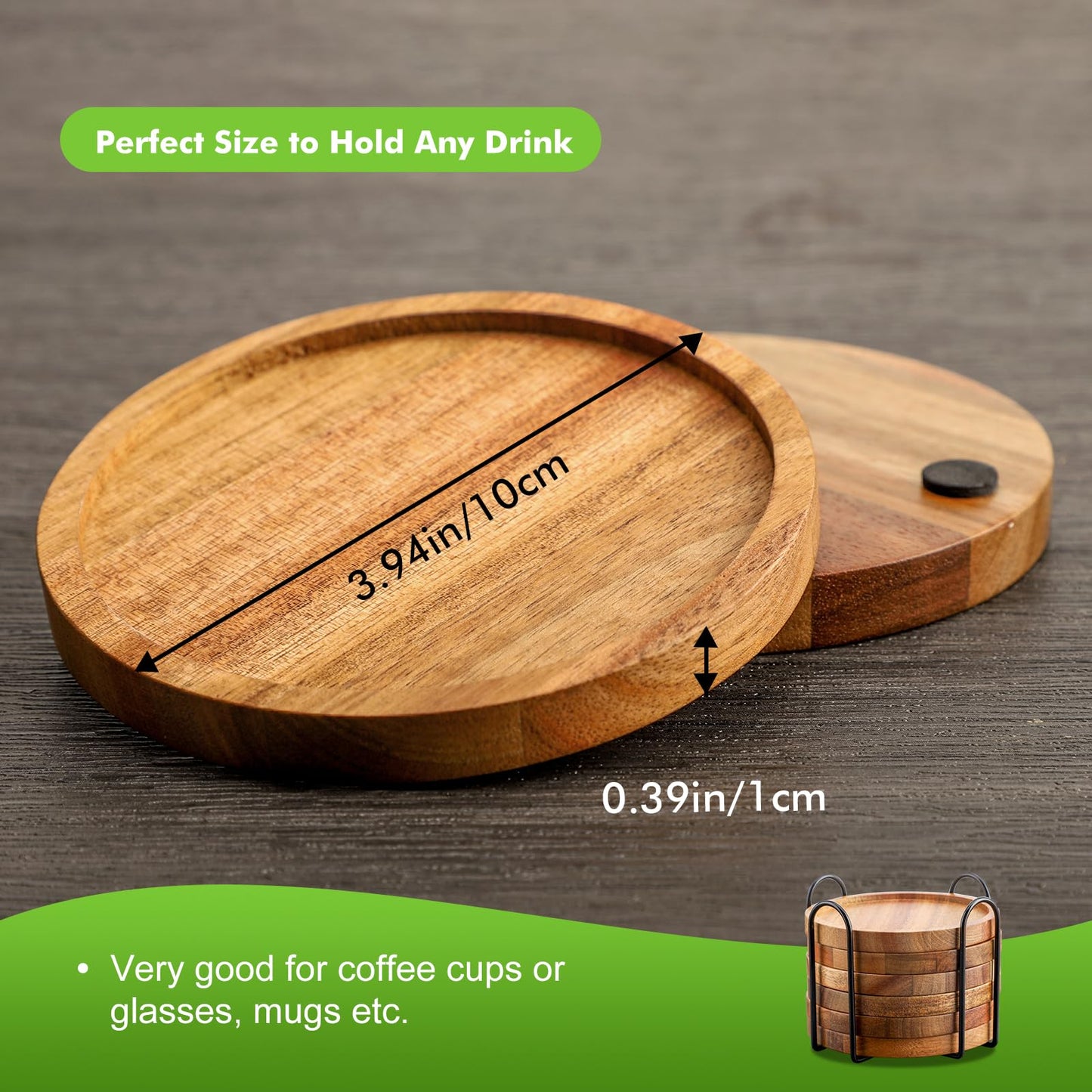 WLWNWFT Acacia Wood Round Coasters with Holder, Set of 6, Brown