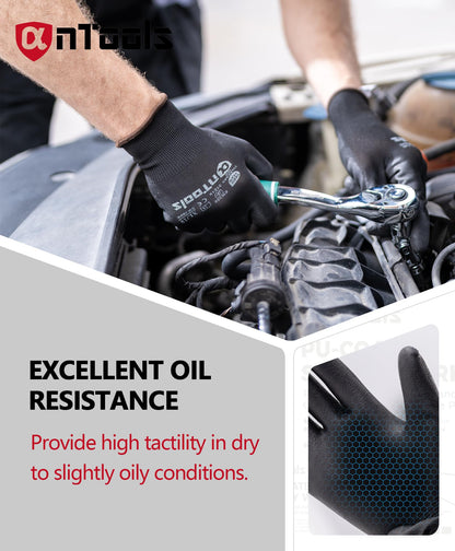AnTools 12 Pairs Skin-Friendly PU-coated Work Gloves, Seamless Knit, Lightweight, Flexible, General-Duty Work Gloves for Men and Women, Black, Large