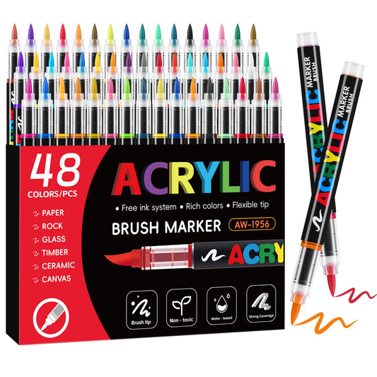 Tongfushop 48 Colors Acrylic Paint Markers, Water-Based Paint Pens with Auto Ink Control & Brush Tip - No Bleed on Rock Painting, Canvas, Wood, Ceramic, Glass - Adult & DIY Art Supplies