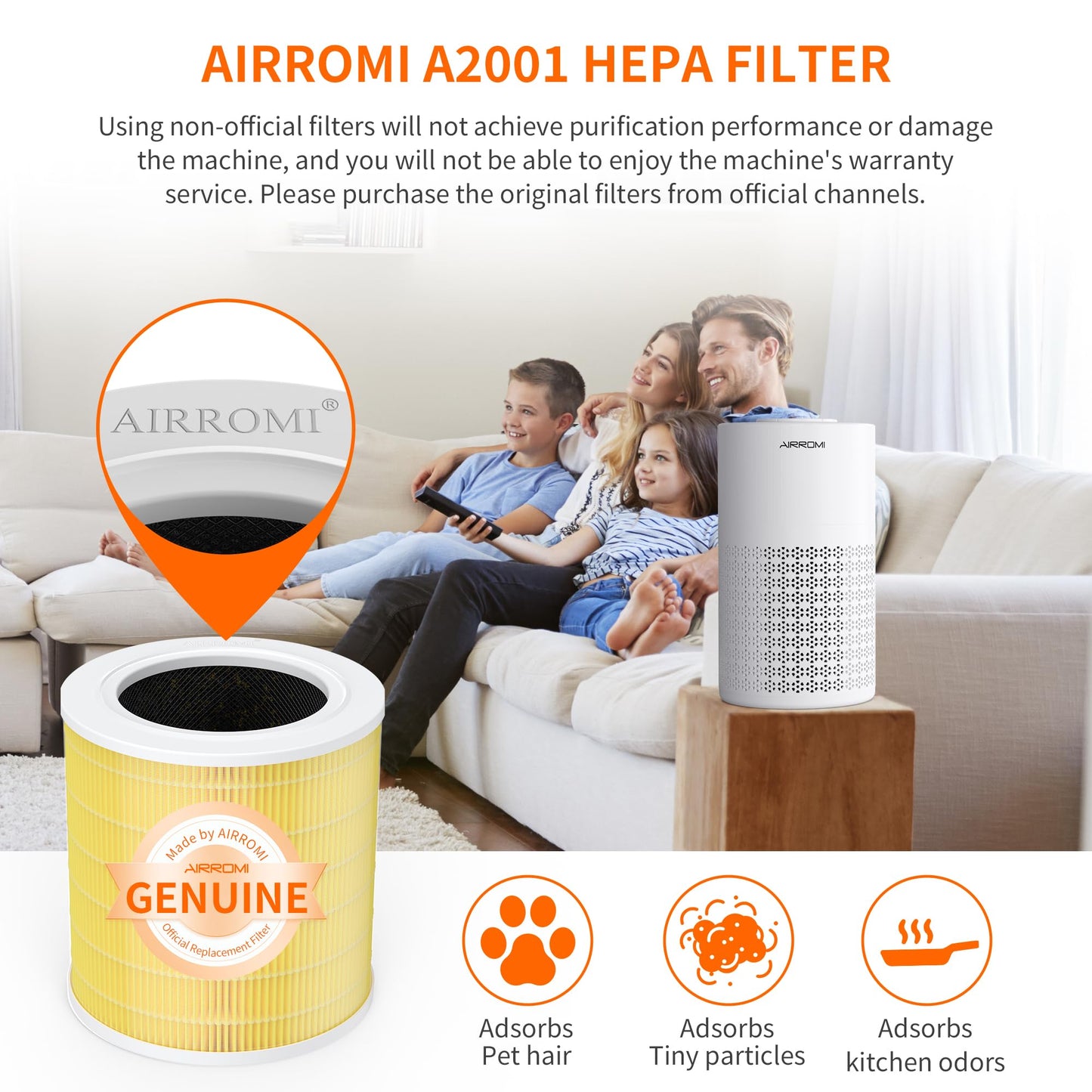 AIRROMI A2001 HEPA Air Purifier Replacement Filter: Original 3-in-1 Filter, Removes 99.97% of 0.3 Micron Particles, Yellow Activated Carbon Filter - Pets & Allergen Specific -1 Pack