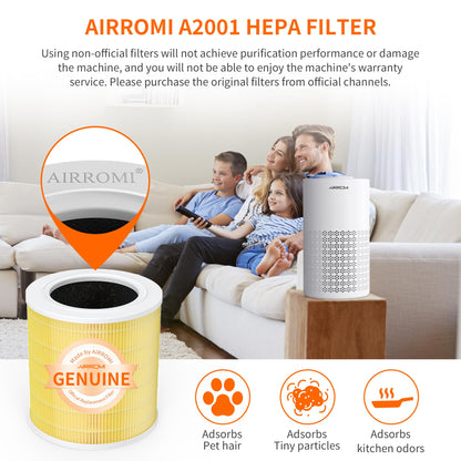 AIRROMI A2001 HEPA Air Purifier Replacement Filter: Original 3-in-1 Filter, Removes 99.97% of 0.3 Micron Particles, Yellow Activated Carbon Filter - Pets & Allergen Specific -1 Pack