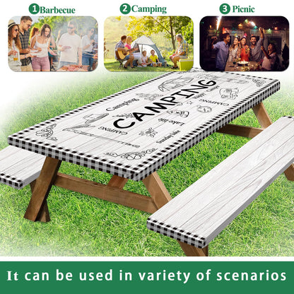 Caknowow Picnic Table Cover Fitted with Bench Covers Camping Tablecloth Waterproof Picnic Table Covers with Elastic Reusable Fabric Camping Table Cover for 6 Foot Picnic Tables