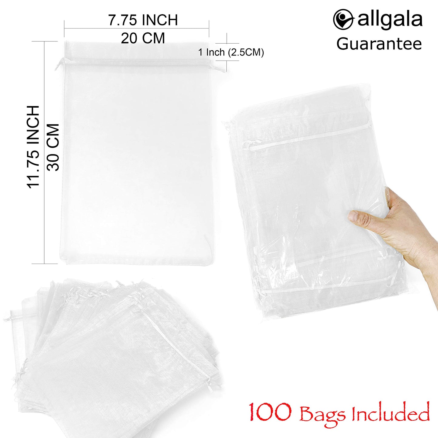 Allgala 100 Count Organza Gift Party Favor Bags with Drawstring (White, 8x12 Inch)